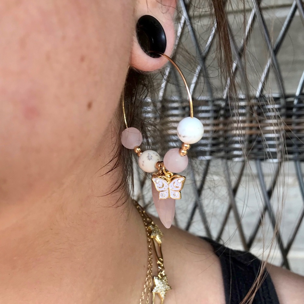 Rose Quartz White Turquoise Butterfly Hoop Earring